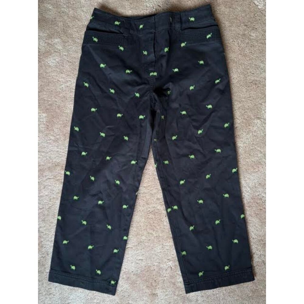 Kate Hill Y2K Navy Turtle Cotton Capri Pants Green Embroidered Size 4